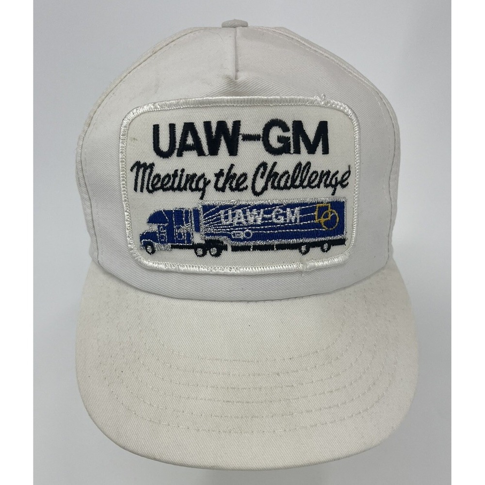 Vintage UAW GM Meeting the Challenge Trucker Hat Patch Adjustable Strap USA Made